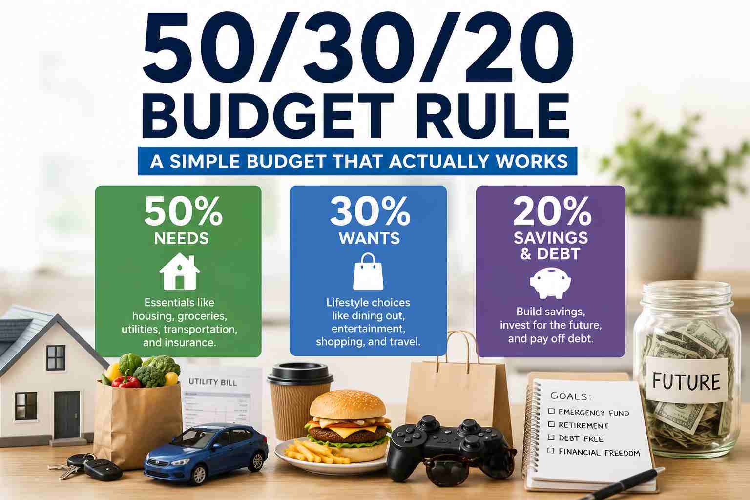 budget rule infographic showing needs wants and savings split for 2026 (1)