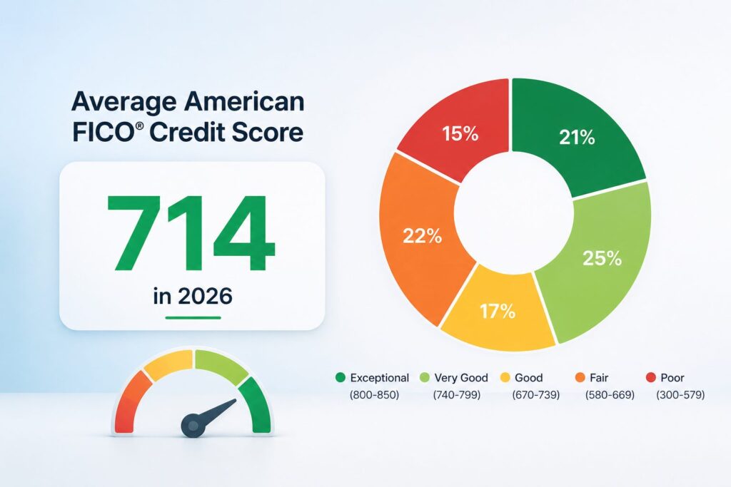 Average American FICO credit score 714 in 2026 with percentage distribution by tier