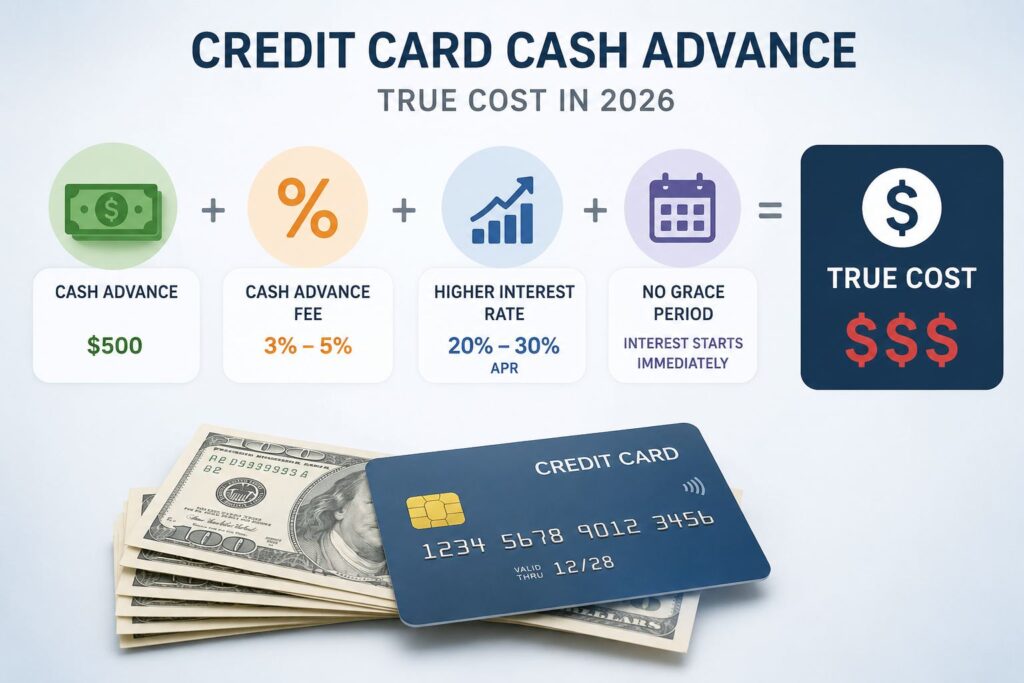 Credit card cash advance fees and interest breakdown showing true cost in 2026