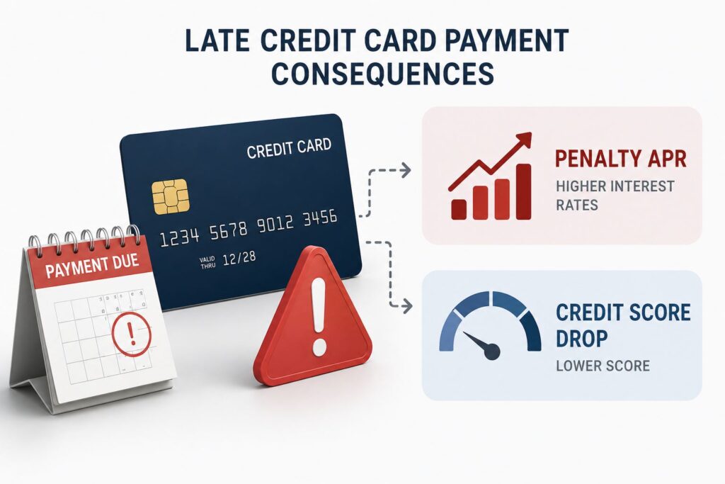 Late credit card payment consequences including penalty APR and credit score drop