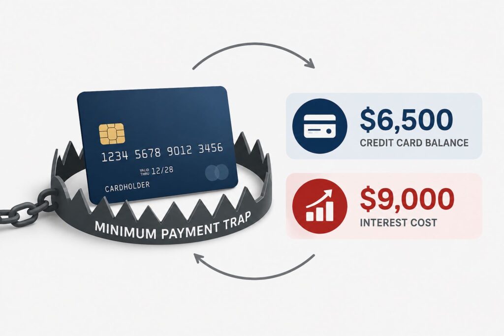 Minimum payment trap chart showing $9,000 interest cost on $6,500 credit card balance