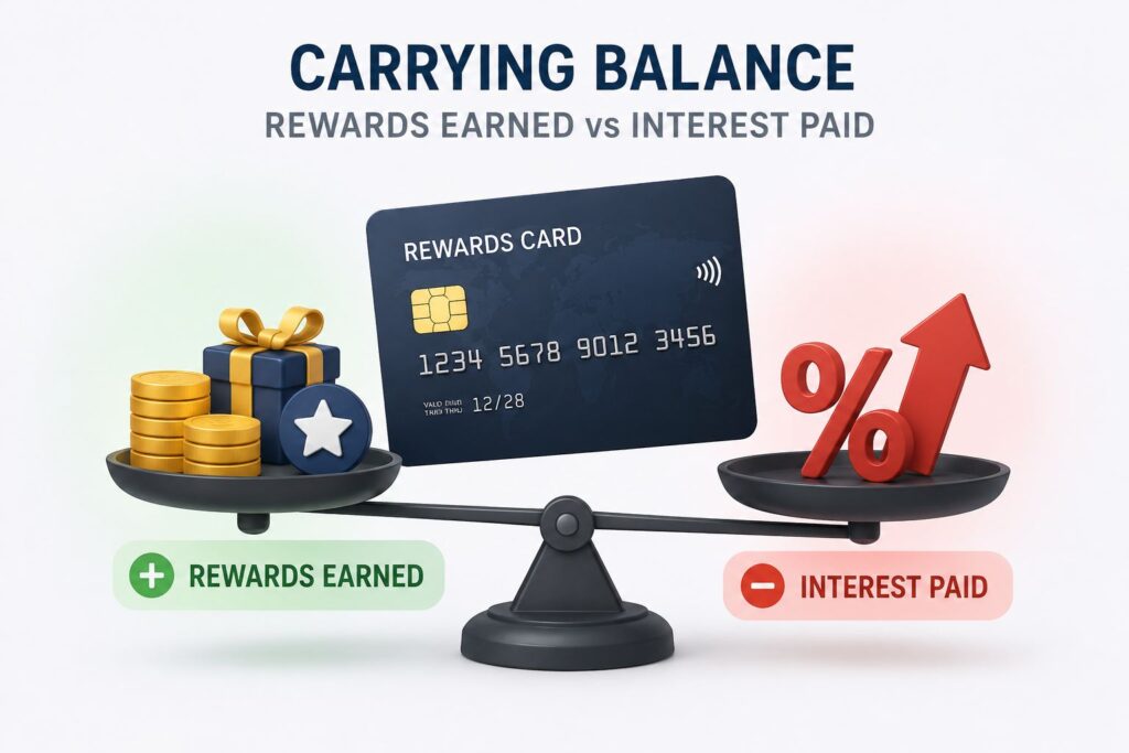 Carrying balance on rewards credit card showing rewards earned vs interest paid
