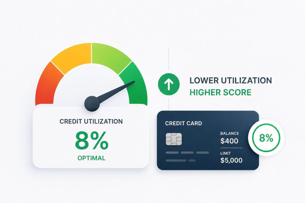 Credit utilization ratio impact on credit score with optimal under 10 percent example