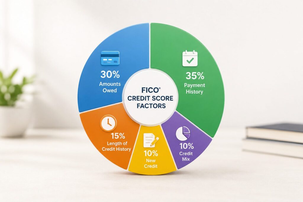 FICO credit score factors pie chart: payment history utilization length new credit mix
