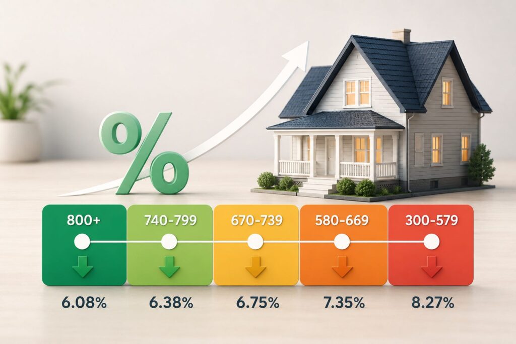 Mortgage interest rates by credit score range 2026 showing 30-year loan cost difference